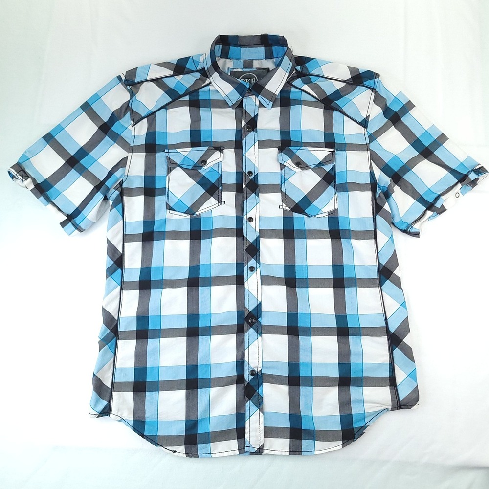 Buckle BKE Shirt Mens XL Relaxed Fit Blue White Black Pearl Snap Western Rodeo